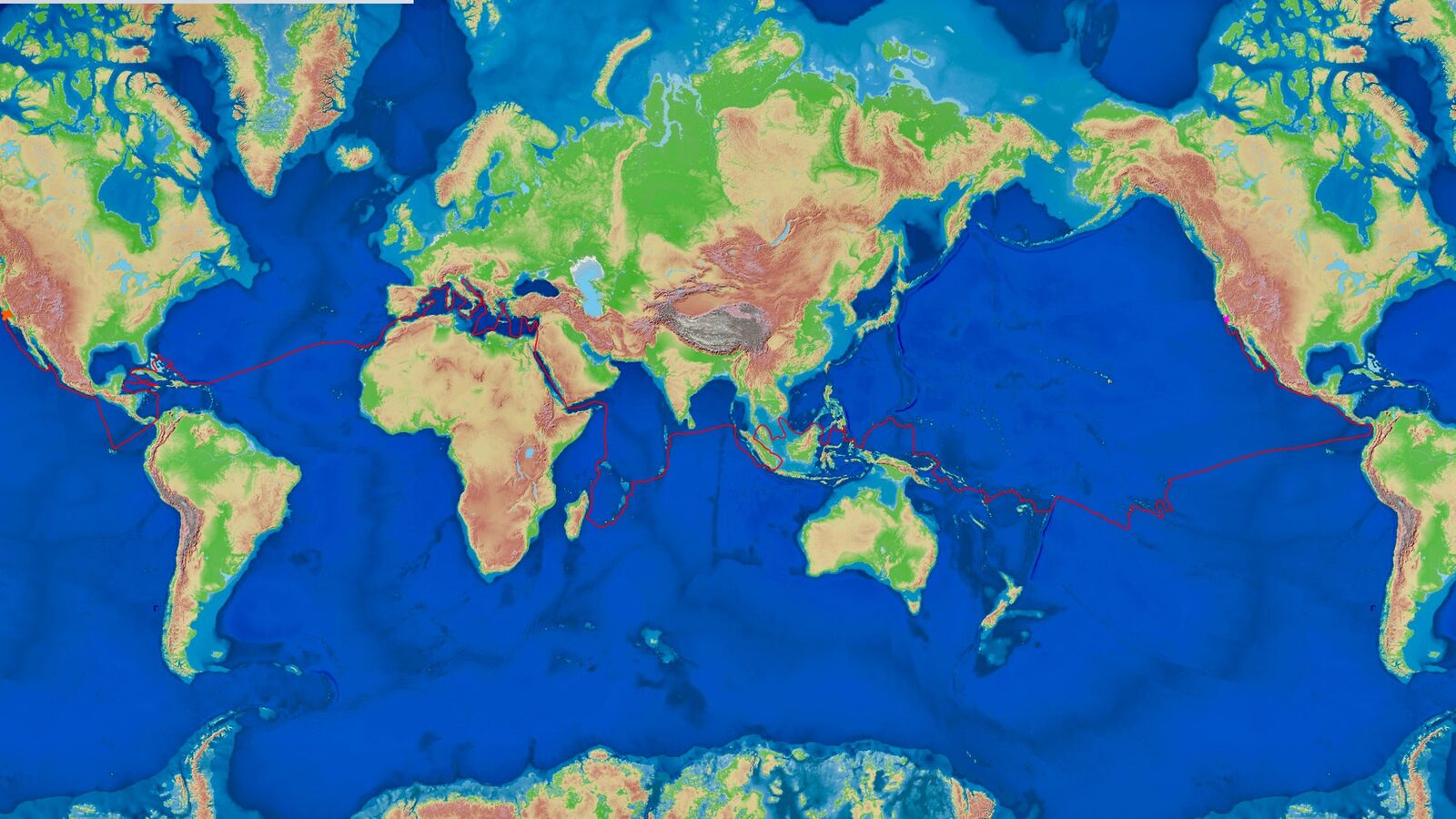 Planned route of Some Tuesday drawn on a world map